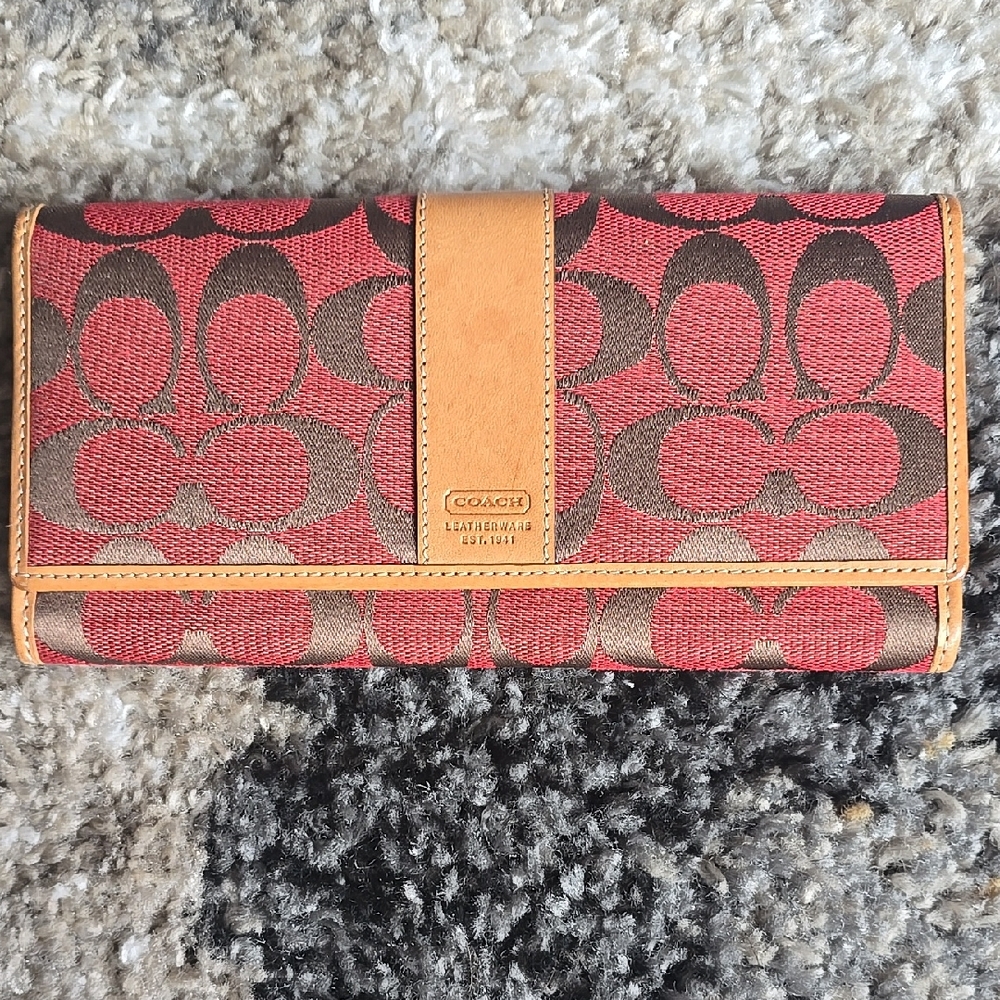 Coach Signature Continental Wallet in Red and Brown with Tan Trim